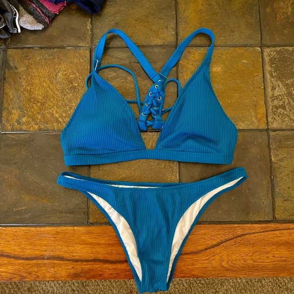 Victoria’s Secret PINK teal blue ribbed triangle Brazilian Bikini Set size M/L - Picture 1 of 10